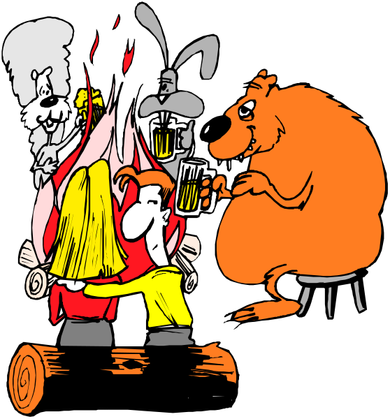 The cartoon depicts a group of animated characters gathered around an open fireplace with logs burning inside it; there's one character sitting on top of another log while holding what appears to be beer bottles in both hands, and two other figures standing nearby engaged in conversation or laughter.