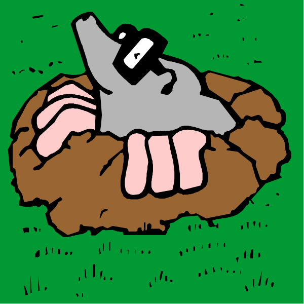 The cartoon shows a dog lying inside an egg nestled within its shell on grassy ground with legs peeking out from under it.