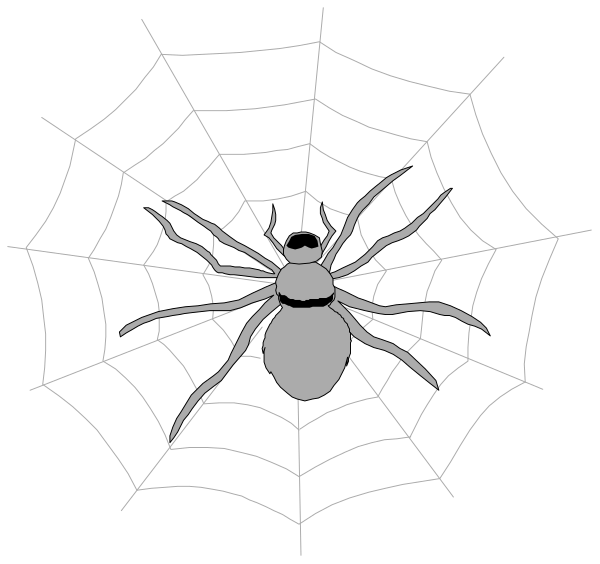 The black and white illustration shows a spider web with an eight legged arachnid at its center on top of it.