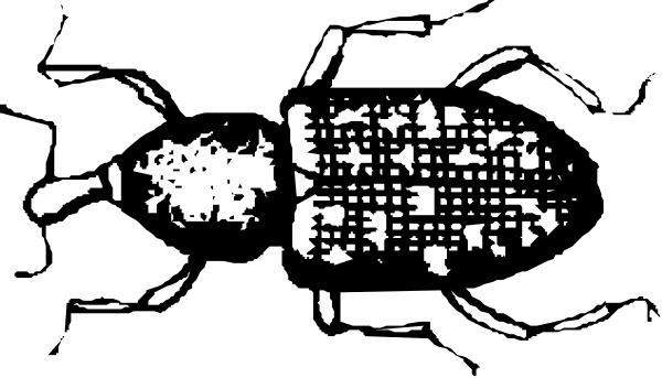 The black and white silhouette of a ladybug with spots on its wings is shown against an unidentified background in this clip-art image.