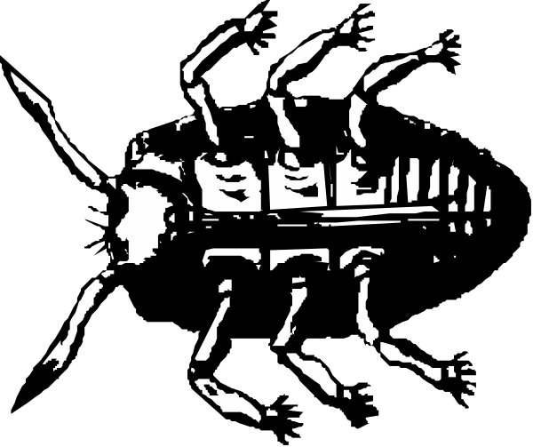 The black and white illustration shows a stylized insect with multiple legs on each side of its body, positioned against an indistinct background that does not provide any additional context about location or environment.