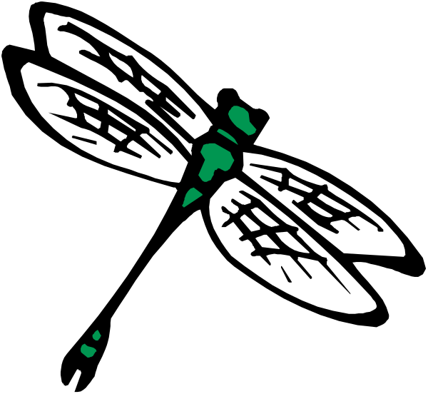 The black and white illustration shows a dragonfly with its wings spread out against an unseen background.