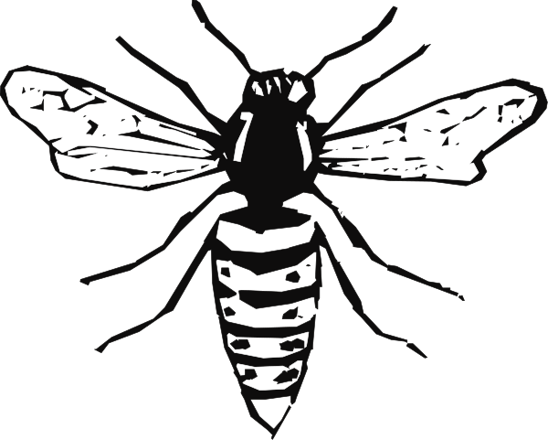 The black and white silhouette of a bee with human eyes on its wings is shown against an unidentified background in this clip-art image.