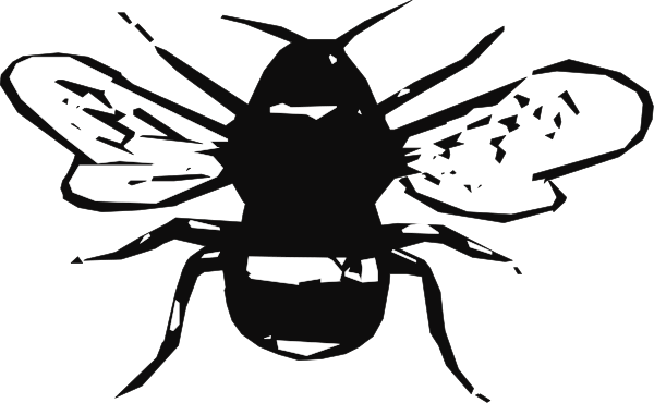 The black and white silhouette of a bee on top of what appears to be an object with multiple compartments resembling honeycomb cells in front of it.