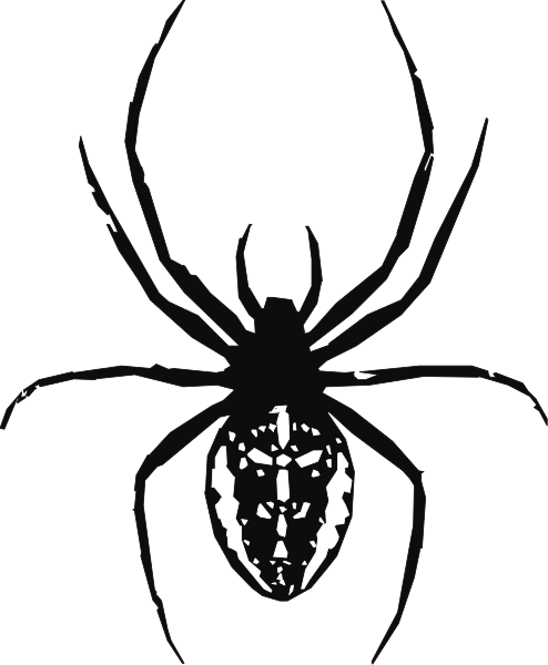 The black and white silhouette of a spider with its web on top against a dark background.