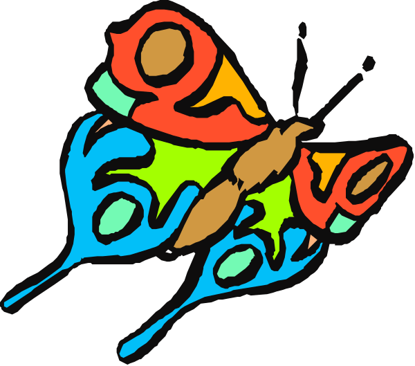 The image shows a colorful butterfly with two wings on its body flying over three caterpillars that appear to be in various stages of growth.