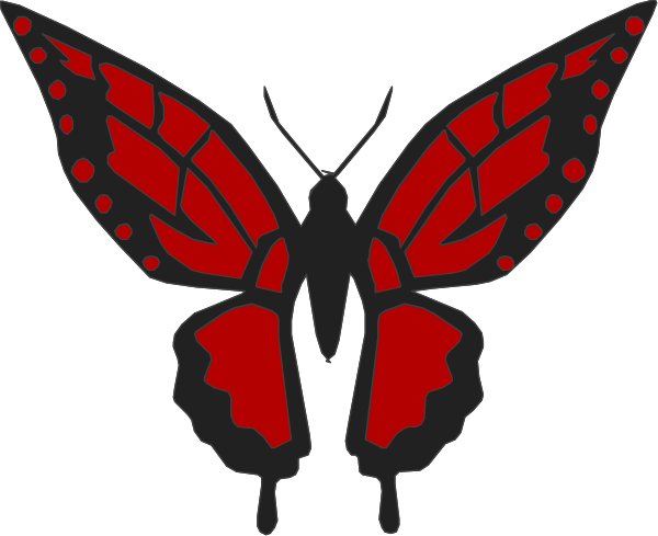 The image shows a stylized red butterfly with black spots on its wings against an unseen background; there is no text present in this clip-art illustration.