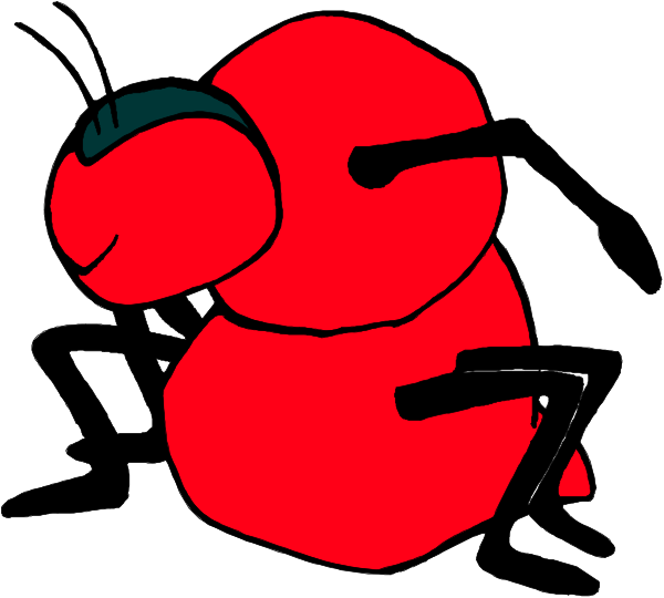 The image shows a cartoon of an insect with red body parts standing on its hind legs next to another similar creature that is sitting down in front of it.