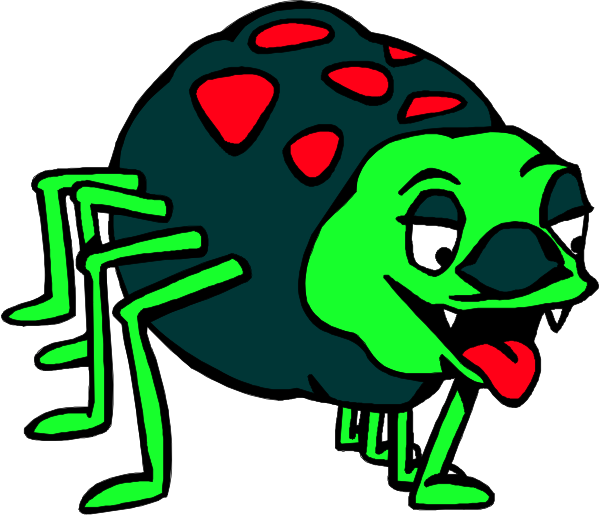 The cartoon shows a green spider with red spots on its body standing upright against a white background.