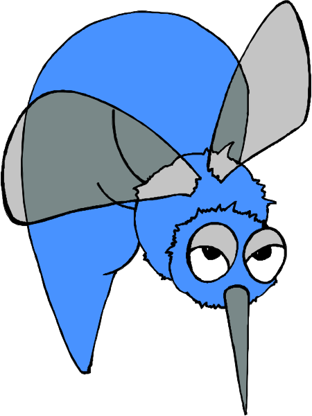 The image shows a cartoon blue fly with large eyes sitting on top of what appears to be an antennae-like structure that resembles grass blades against a white background.