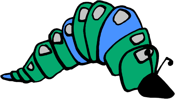 The image shows a cartoon caterpillar with six segments on its back crawling across what appears to be a white surface.