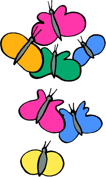 The image shows a collection of colorful butterflies with different patterns on their wings arranged vertically against a white background in two rows; there is no text present within this clip-art illustration.