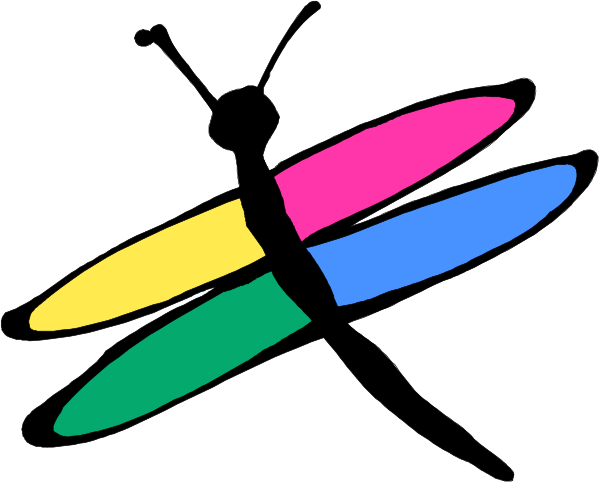 The image shows a colorful butterfly with wings that resemble an abstract design of three rainbow stripes each containing two smaller colored bands; it is stylized in black ink on white paper.