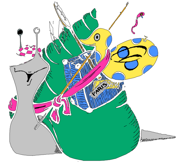 The illustration features a cartoon depiction of an anthropomorphic snail character with humanoid arms holding various items such as books, flowers in vases, and what appears to be a small snake wrapped around its neck. It is wearing a crown on top of its head and has wings attached to it. There's also another smaller creature resembling the same type but without any accessories or clothing next to this character. The background consists mainly of black space with some white elements, including what looks like an arrow pointing upwards from behind one snail figure towards a pink ribbon tied