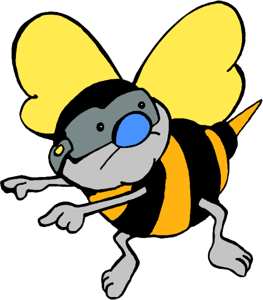 The cartoon depicts a bee with humanoid features wearing glasses and pointing its finger upwards while standing on two legs in an outdoor environment.
