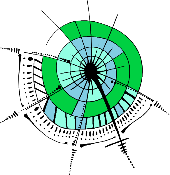 The image shows a black and white illustration of an abstract design with concentric circles resembling a target-like pattern in shades of green and blue at its center surrounded by various geometric shapes such as lines, curves, dots, and arcs that create intricate patterns around it.