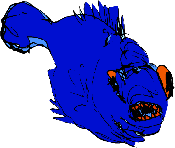 The image shows a cartoon of an angry fish with sharp teeth swimming towards something offscreen to its right.