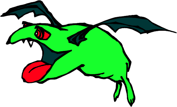 The image shows a cartoon of two green dragons with red tongues flying through an open sky background; both have large wings spread wide as if in flight.