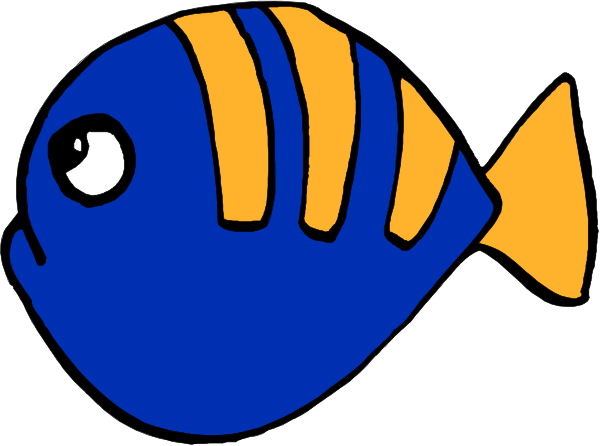 The image shows a cartoon fish with an orange stripe on its body swimming next to another blue fish that is facing towards it in what appears to be water underwater.