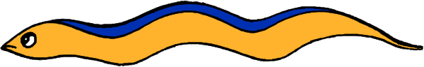 The image shows a cartoon depiction of an eel swimming underwater with blue stripes on its body.