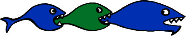 The image shows three cartoon fish swimming together with a speech bubble containing two more fish above them; all four have open mouths as if speaking to each other in an underwater scene.