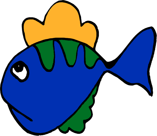 The image shows a cartoon fish with blue scales swimming underwater next to an orange coral reef.