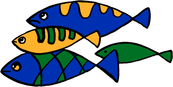 The image shows three fish with different patterns swimming together against a white background.