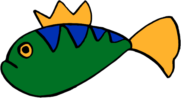 The image shows a cartoon fish with blue fins swimming next to an orange crown on top of its head.