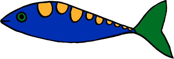 The image shows a stylized fish with blue body, yellow spots on its back fin area, green fins, white underbelly, and an orange tail swimming in water against a gray background.