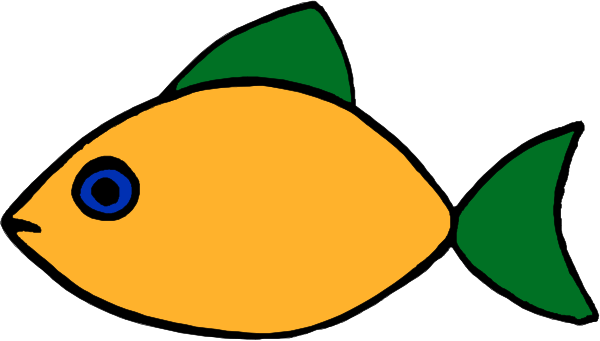 The image shows a cartoon fish with blue eyes swimming next to an orange background that has two green fins on either side of it.