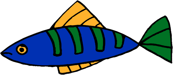 The image shows a cartoon fish with blue body, yellow fins on its back, green tail fin, white underbelly, orange stripe along side of head, black eyes, and two small horns above eye level.