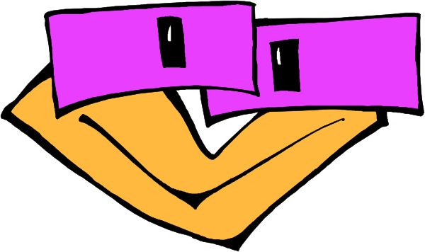 The image shows a cartoon drawing of two purple rectangles with black dots for eyes on either side of an orange rectangle that appears to be smiling due to its curved shape at one end.