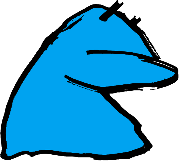 The image shows a blue cartoon character with an exaggeratedly large head sitting next to another smaller figure that appears to be holding its hand up as if in greeting or conversation.