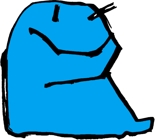The image shows a blue cartoon character sitting on its haunches with hands clasped together as if praying or meditating in front of an unseen object that it appears to be addressing.