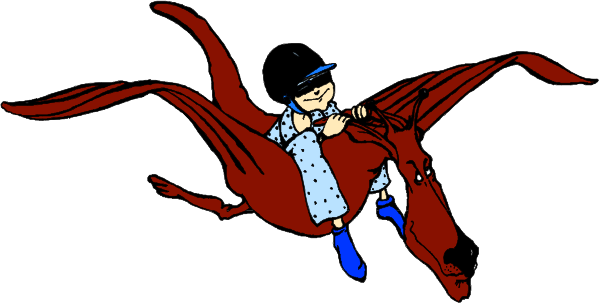 The image shows a cartoon of an animated character riding on top of a brown horse with wings that resemble those of a bird in flight against a white background.