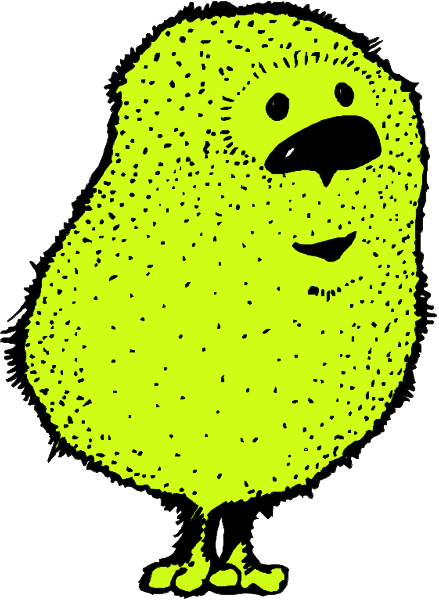 The cartoon depicts a yellow bird with black spots standing on its legs next to an orange cone that has two holes in it for eyes.