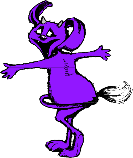 The image shows a purple cartoon dog with horns standing on its hind legs against a white background.