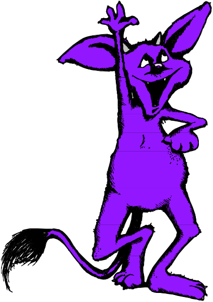 The image shows a purple cartoon mouse standing on its hind legs with an exaggerated smile, waving at someone off-camera to their right side in front of what appears to be a black background.