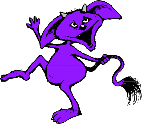 The image shows a cartoon of an anthropomorphic purple creature with horns standing on two legs while holding onto its tail with one hand; it appears to be in motion as if running through space against a white background, and there is no text present within this clip-art style illustration.