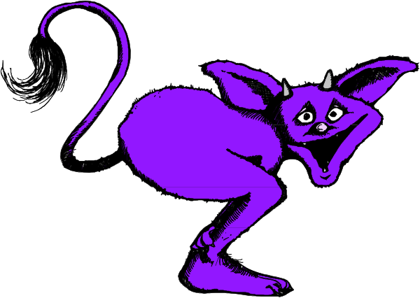 The image shows a purple cartoon cat with horns standing on its hind legs against a white background.