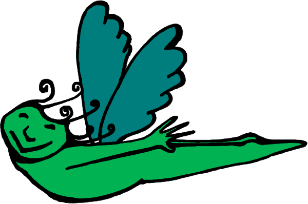 The image shows a cartoon of an alligator with wings flying over water next to another smaller green creature that appears similar but is swimming in it.