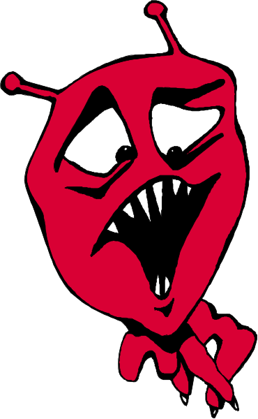 The image shows a red alien character with an open mouth against a white background.