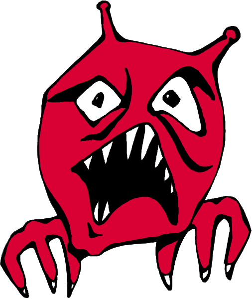 The image shows a cartoon of an alien with red skin that has large eyes and teeth, appearing to be angry or scared. It is depicted in black-and-white line drawing against white background.