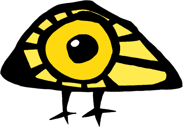 The image shows a cartoon of an eye with a bird standing next to it on what appears to be a banner-like background.