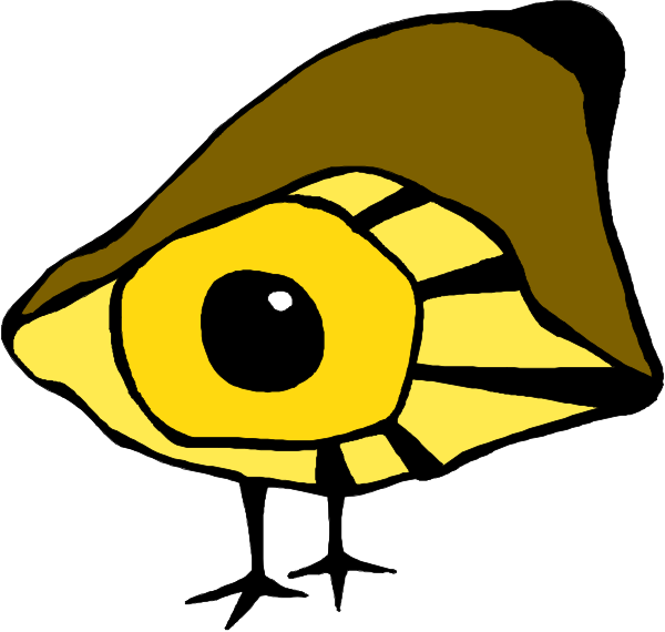 The image shows a cartoon bird with an eye patch over its right eye, standing next to another smaller bird that appears to be looking at it from behind.