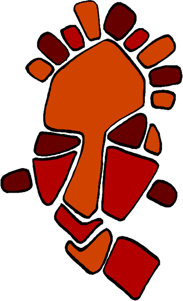 The image shows a stylized red footprint with black outlines on what appears to be an abstract background that resembles stone tiles in shades of gray and brown.