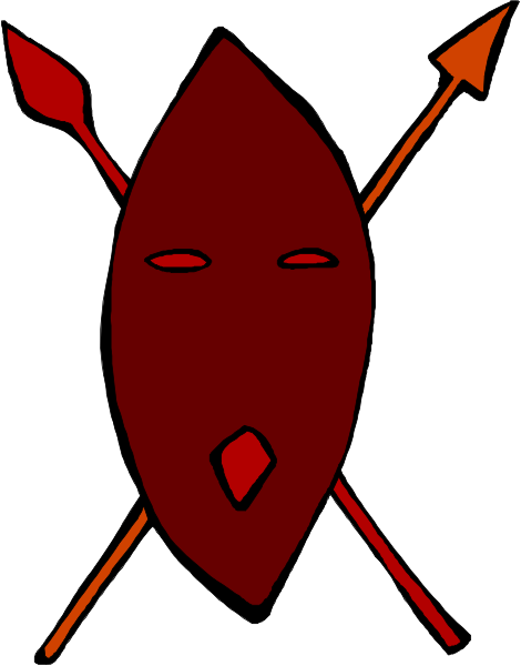 The image shows a stylized tribal shield with red background featuring an arrowhead on top left corner, two crossed arrows in center right forming a cross shape, three feathers at bottom of shield pointing upwards and to sides, all within black outline borders; no text is present.