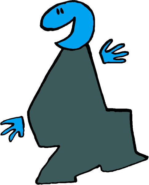 The image shows a cartoon of an overweight person with exaggerated features walking away from us towards the right side of the frame against a white background.