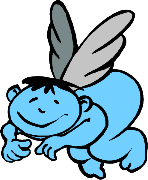 The cartoon depicts a blue creature with wings that resembles an angel sitting on top of another smaller figure which appears to be lying down in distress.