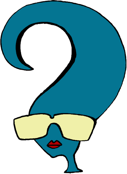 The image shows a cartoon of an exaggeratedly large blue woman's head with sunglasses on her face next to two question marks that resemble eyes.
